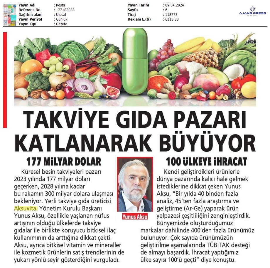 Aksuvital Posta Gazetesi Haberi : Türkiye gıda pazarı katlanarak büyüyor