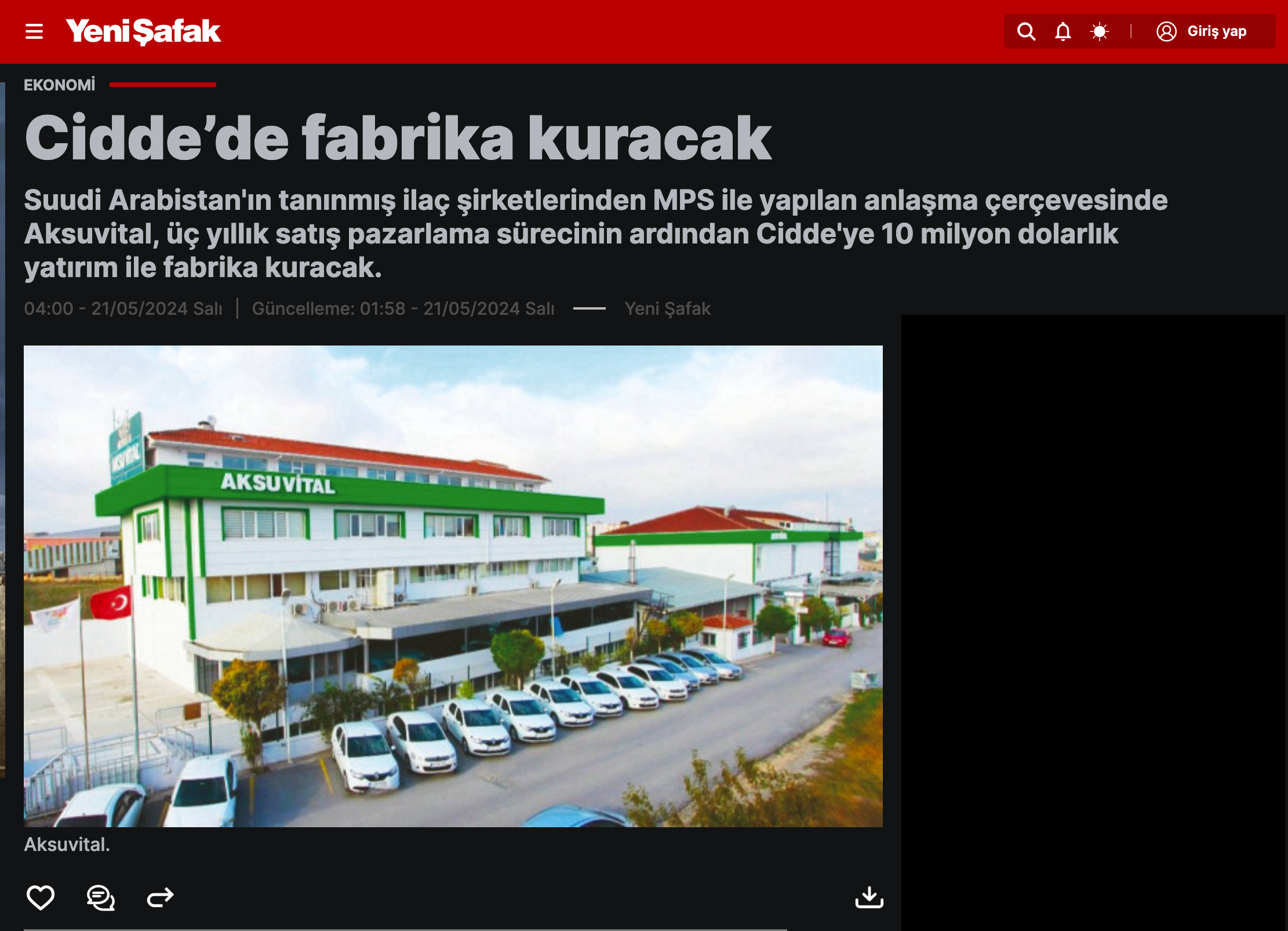 Yeni Şafak Gazetesi : Aksuvital A.Ş. Cidde’de fabrika kuracak